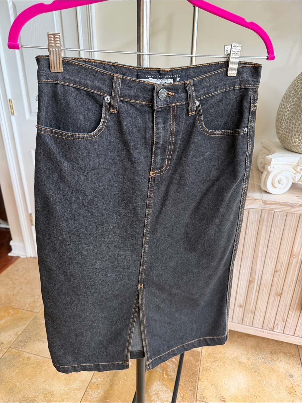 Dark black Wash Denim Pencil Skirt with Front Vent